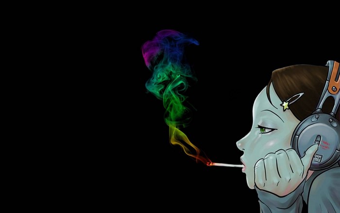 Girl with headphones smoking colorful marijuana smoke