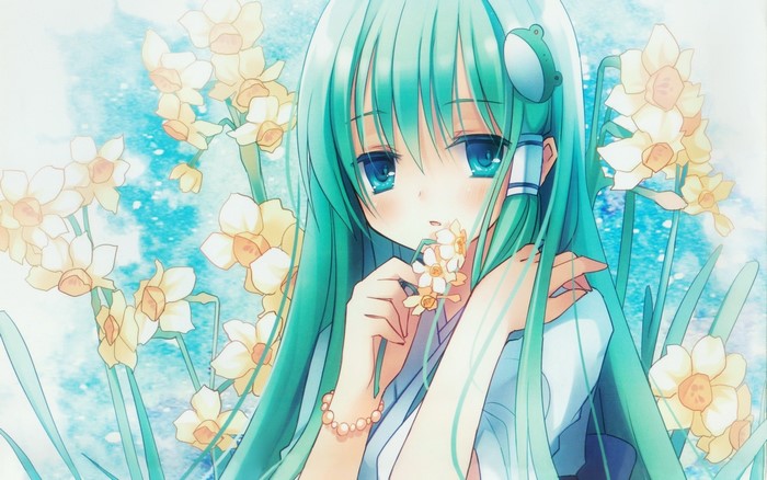 Anime girl with long teal hair and daffodils