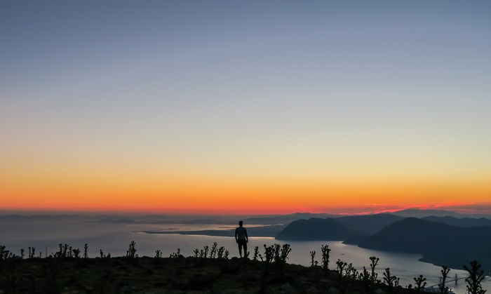 Silhouette of a person on a mountain overlooking a bay at sunset
