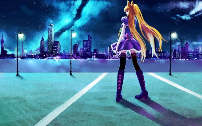 Anime girl in purple dress in a city at night