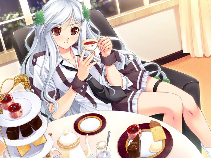 Anime Girl Enjoying Tea and Sweets