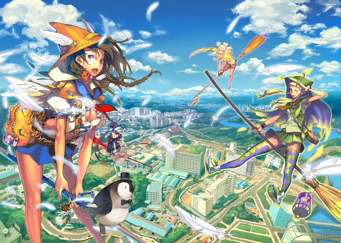 Witches flying on brooms over a city with a penguin