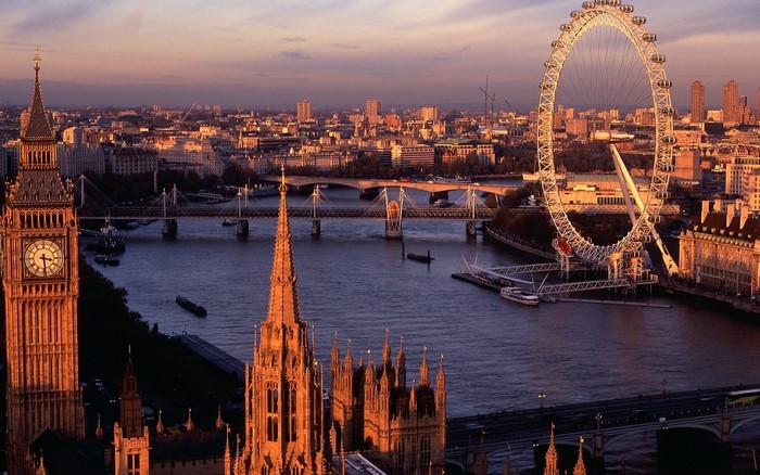 London skyline with Big Ben and London Eye over River Thames