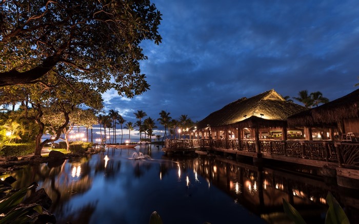 Tropical resort at night with thatched roof buildings and a pond
