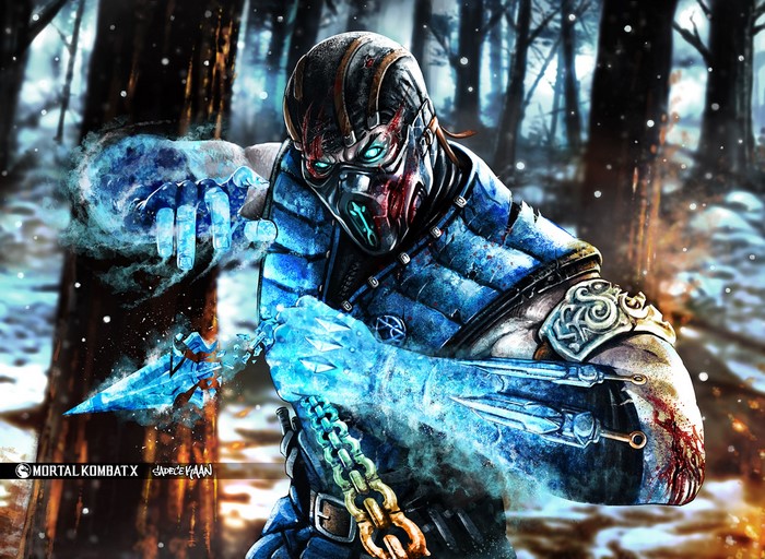 Sub-Zero from Mortal Kombat X in a snowy forest