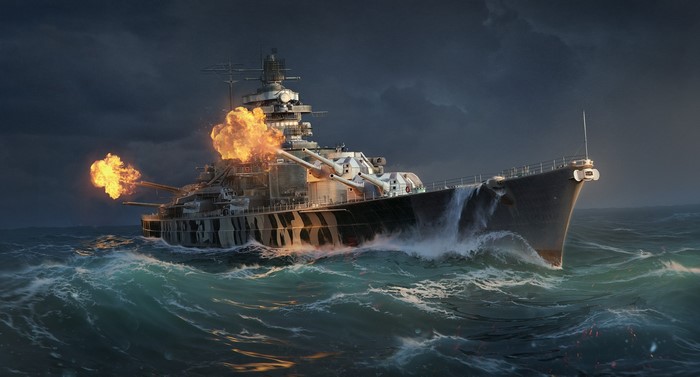 Battleship firing guns in rough seas