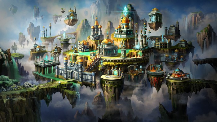 Floating islands city with fantasy architecture