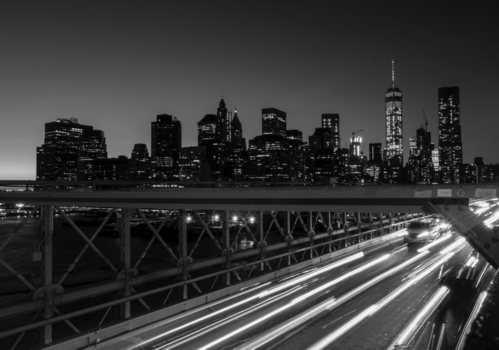 New York City skyline at night from Brooklyn Bridge