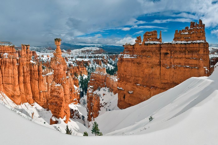 Snow-Covered Red Rock Formations in Bryce Canyon