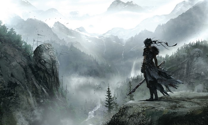 Senua from Hellblade stands on a cliff overlooking a misty valley