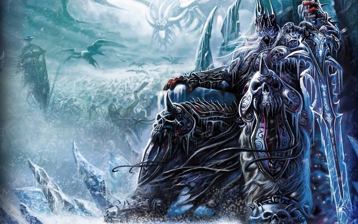 Lich King on Frost Throne with Sword and Skulls