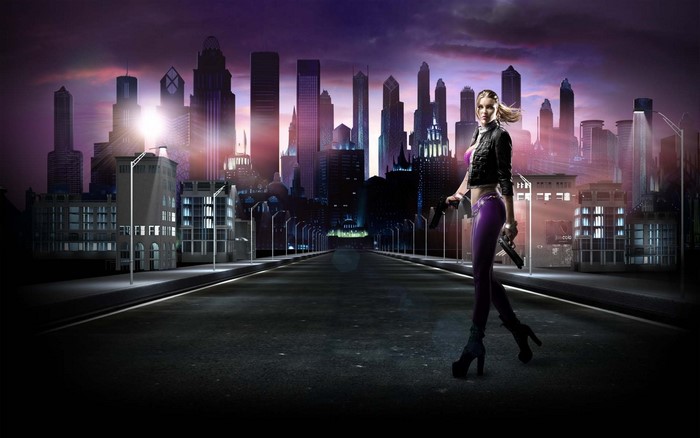 Girl with guns in a city at night