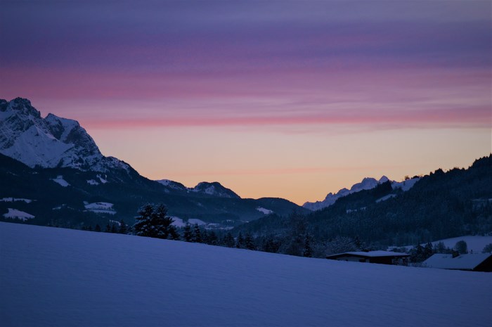 Snowy mountains at sunset in Tirol, Austria
