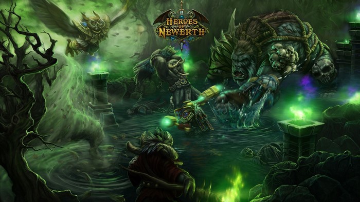 Heroes of Newerth characters in a dark, mystical environment