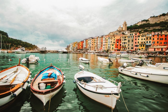 Portovenere Coastal Village Harbor with Boats and Clouds
