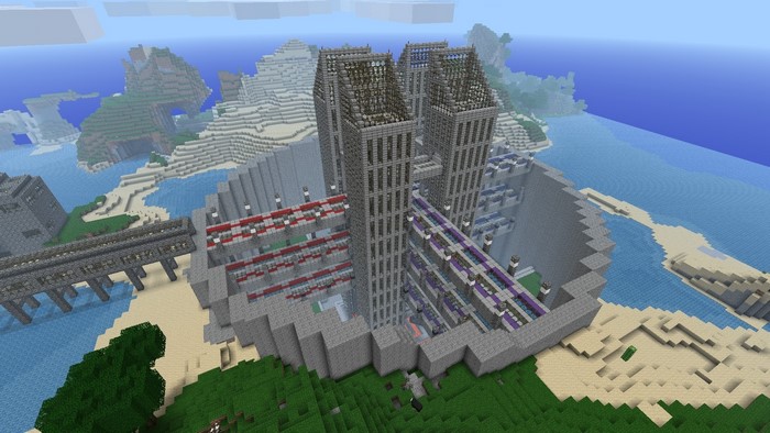 Minecraft island castle with towers and bridge