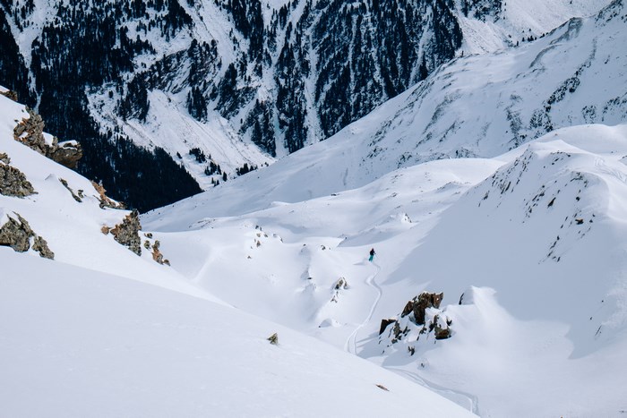 Skier on a snowy mountain in Tirol, Austria