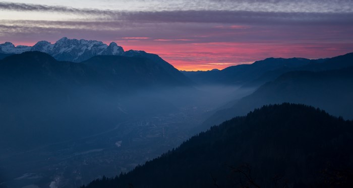 Julian Alps at sunrise with pink and purple sky