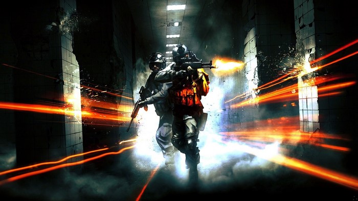 Soldiers in a corridor with gunfire in Battlefield