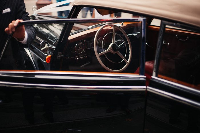 Classic Mercedes-Benz car interior with steering wheel