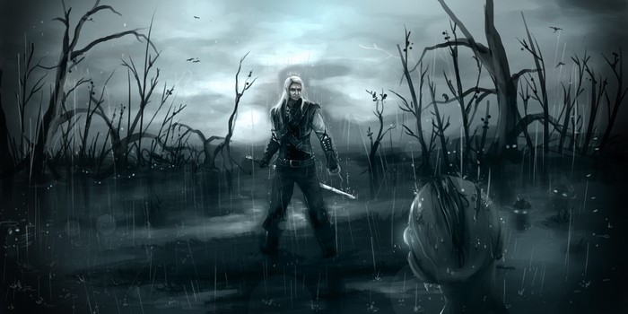 Geralt from The Witcher in a swamp during a rainstorm