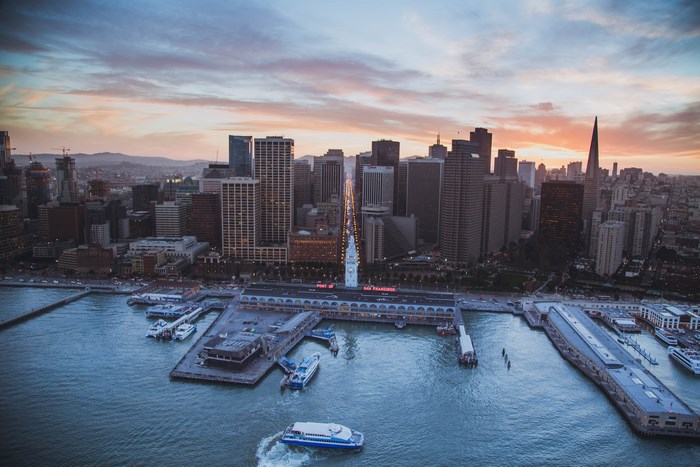 San Francisco skyline and Embarcadero at twilight