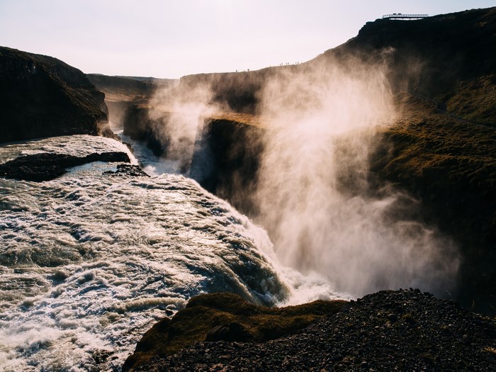 Gullfoss waterfall in Iceland with mist and canyon