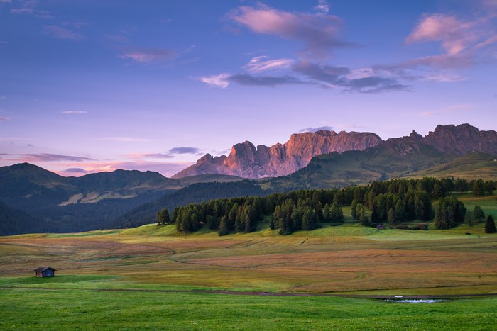 Alm de Siusi mountain landscape at sunrise