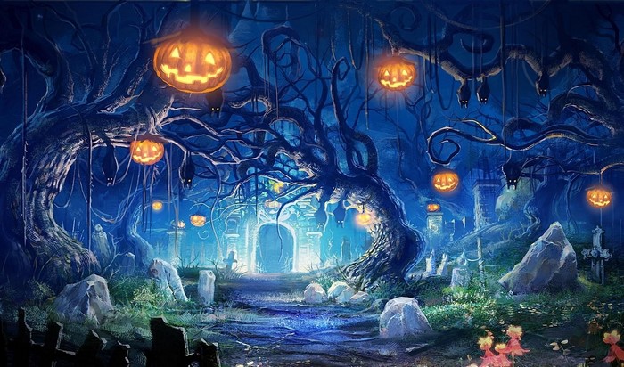 Eerie Haunted Castle Gates with Glowing Pumpkin Lanterns