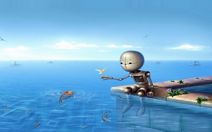 Robot feeding a bird by the water with fish