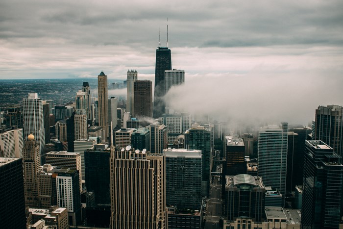 Chicago skyline with John Hancock Center in fog