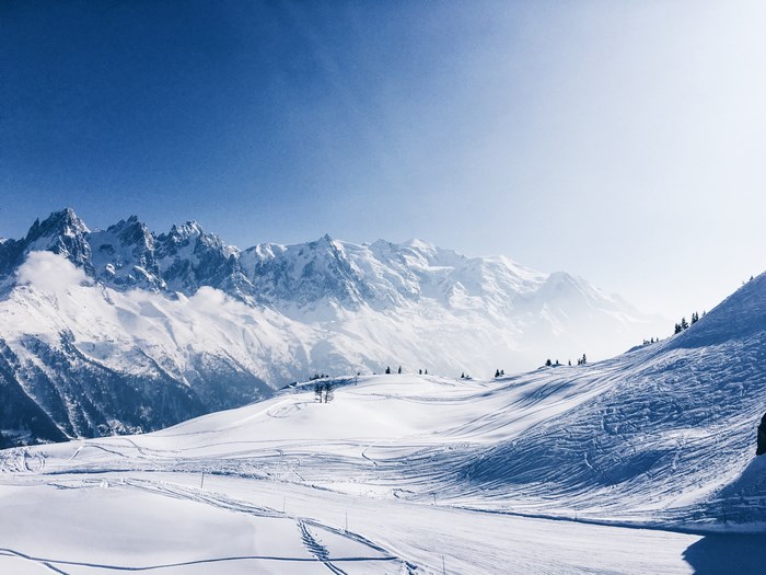 Snowy Mountain Range with Ski Tracks in Chamonix