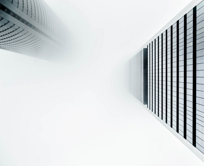 Skyscrapers in fog, abstract perspective