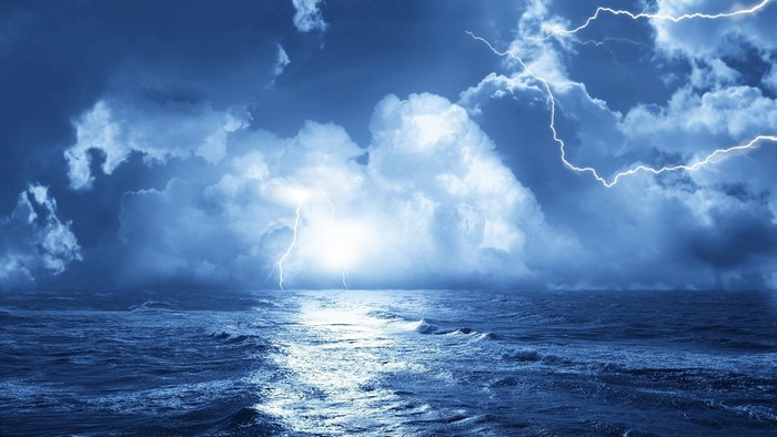 Stormy Sea with Lightning and Dramatic Clouds