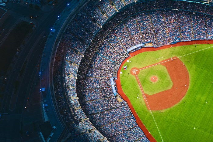 Aerial view of a baseball stadium at night