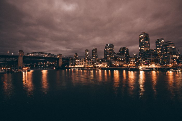Vancouver skyline and bridge at night