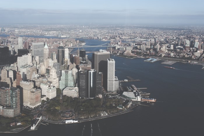 Aerial view of New York City skyline and harbor