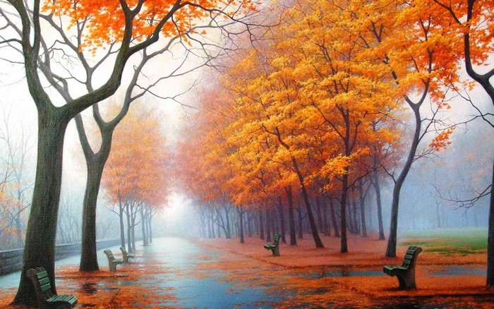 Autumn park avenue with trees and benches