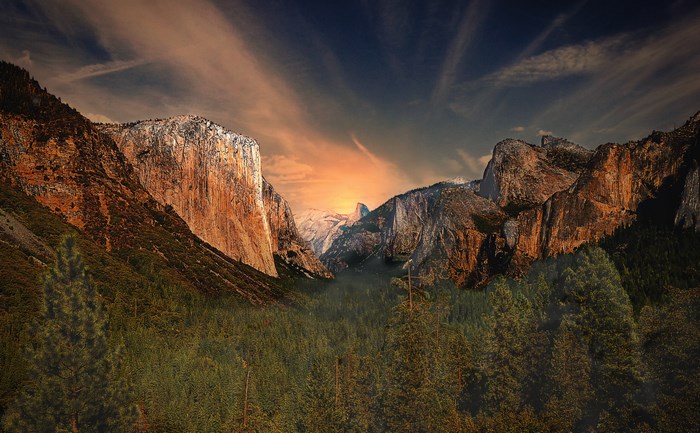 Yosemite Valley at Sunrise with El Capitan and Half Dome