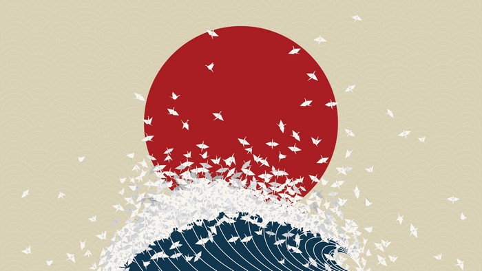 Origami cranes flying over a wave with a rising sun