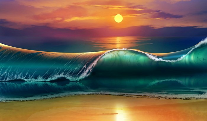 Sunset over a crashing ocean wave on a beach