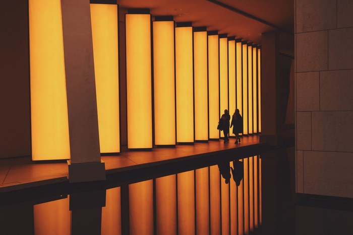 Fondation Louis Vuitton interior with yellow panels and reflection