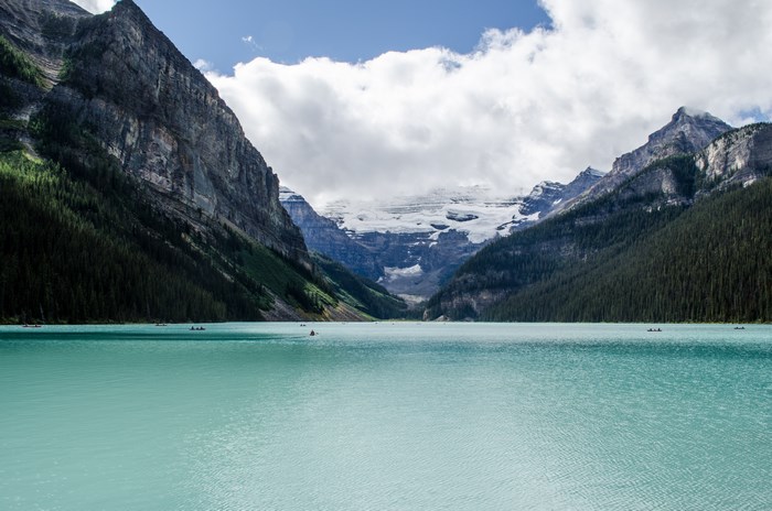 Lake Louise with Kayaks and Mountains