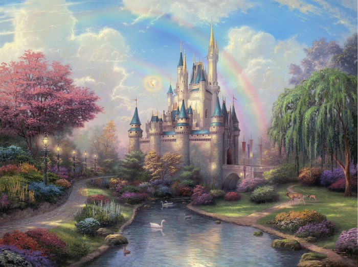 Fairy Tale Castle with Rainbow and Swans
