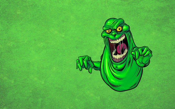 Slimer from Ghostbusters on a green background
