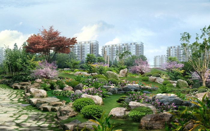 Photoshop rendering of a landscaped garden with buildings