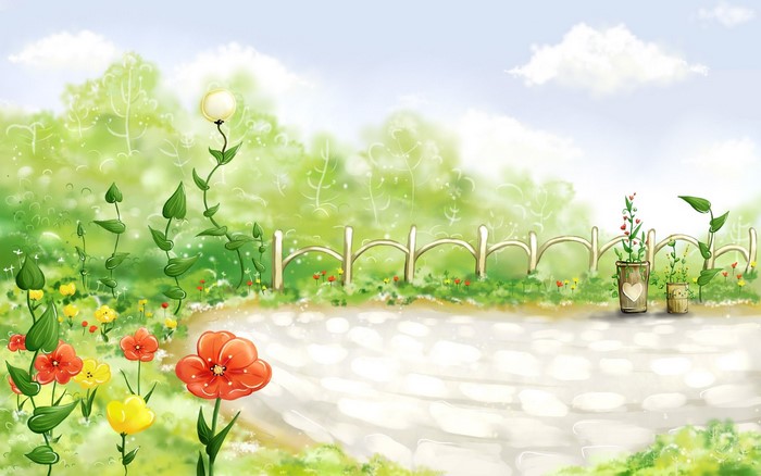A whimsical garden path with flowers and a fence