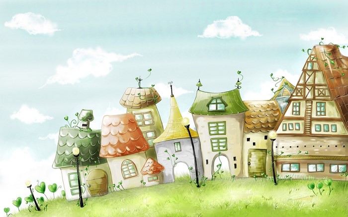 Whimsical cartoon town with quirky houses on a grassy hill