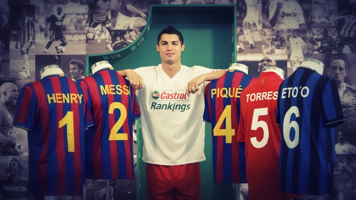 Cristiano Ronaldo with football jerseys of Messi, Henry, Pique, Torres, Eto'o