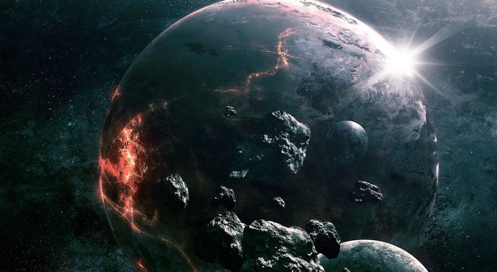 Asteroids and planets in space with a bright light